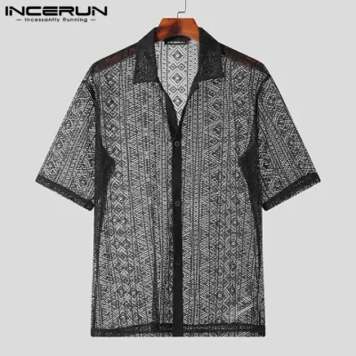 2025 Fashion Men Shirt Mesh Lace Transparent