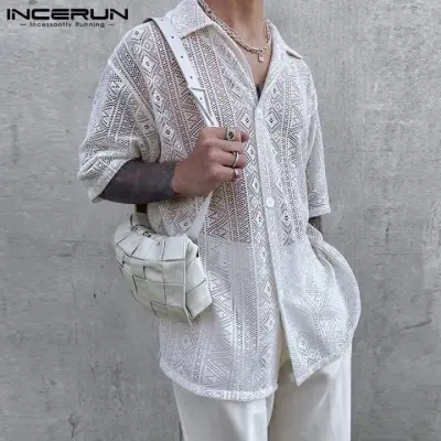 2025 Fashion Men Shirt Mesh Lace Transparent