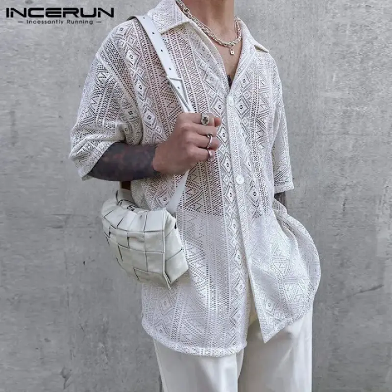 2025 Fashion Men Shirt Mesh Lace Transparent